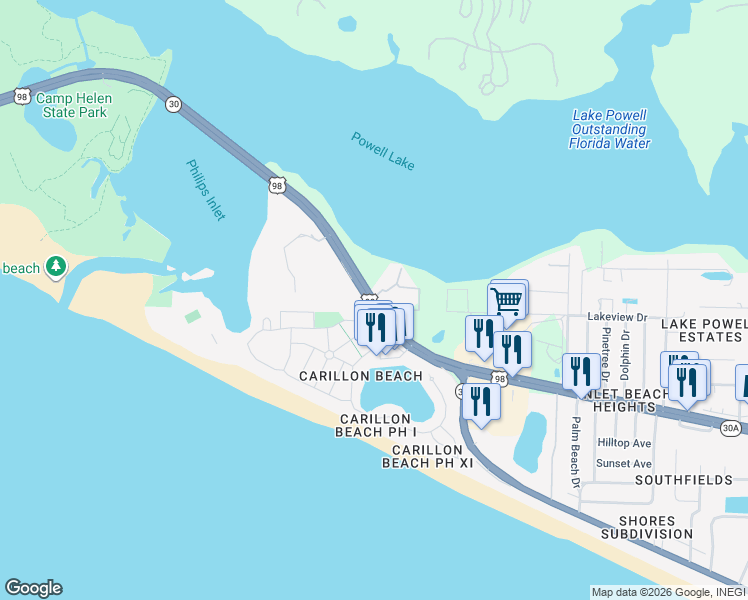 map of restaurants, bars, coffee shops, grocery stores, and more near 24440 Panama City Beach Parkway in Panama City Beach