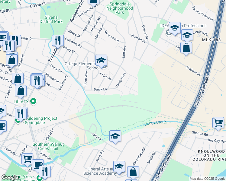 map of restaurants, bars, coffee shops, grocery stores, and more near 5409 Prock Lane in Austin