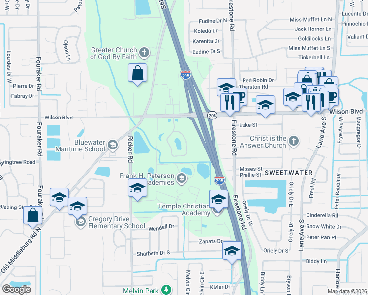 map of restaurants, bars, coffee shops, grocery stores, and more near 3700 Kirkpatrick Circle in Jacksonville