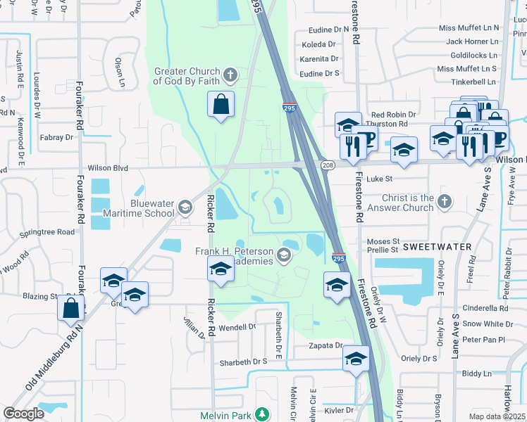 map of restaurants, bars, coffee shops, grocery stores, and more near 3640 Kirkpatrick Circle in Jacksonville