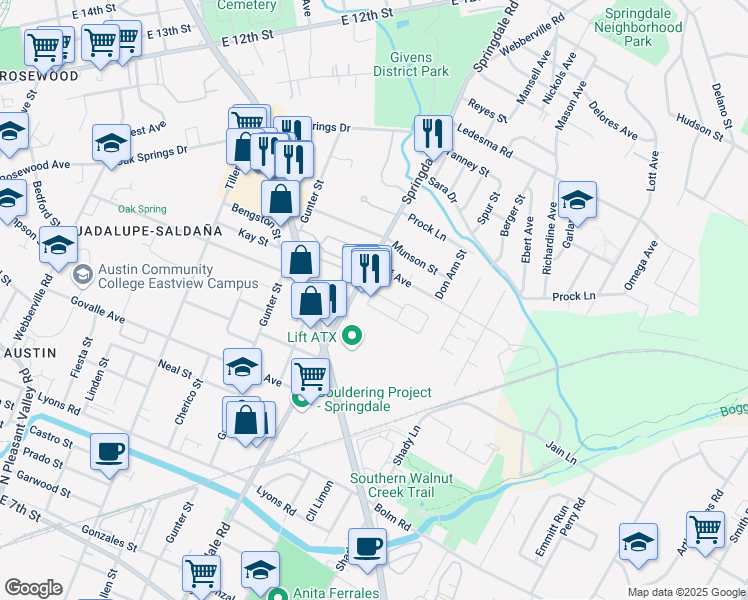 map of restaurants, bars, coffee shops, grocery stores, and more near 1023 1/2 Springdale Road in Austin