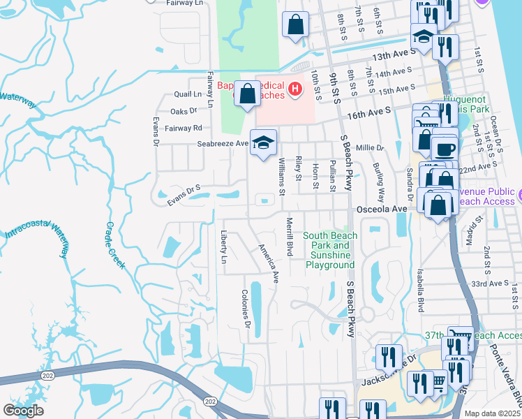 map of restaurants, bars, coffee shops, grocery stores, and more near 1405 Osceola Avenue in Jacksonville Beach