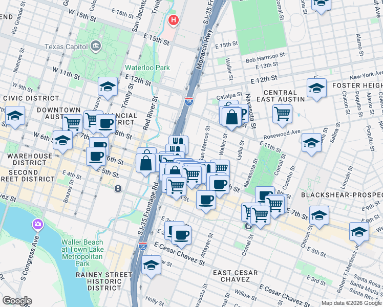 map of restaurants, bars, coffee shops, grocery stores, and more near 903 East 8th Street in Austin