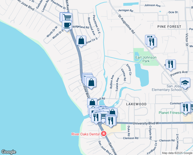 map of restaurants, bars, coffee shops, grocery stores, and more near 1564 Arcadia Drive in Jacksonville