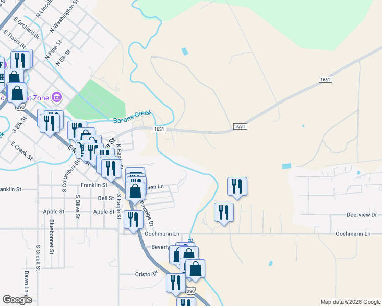 map of restaurants, bars, coffee shops, grocery stores, and more near 629 Ranch Road 1631 in Fredericksburg