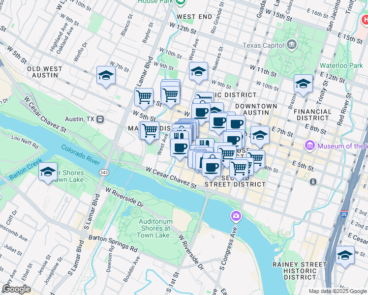 map of restaurants, bars, coffee shops, grocery stores, and more near 360 Nueces Street in Austin