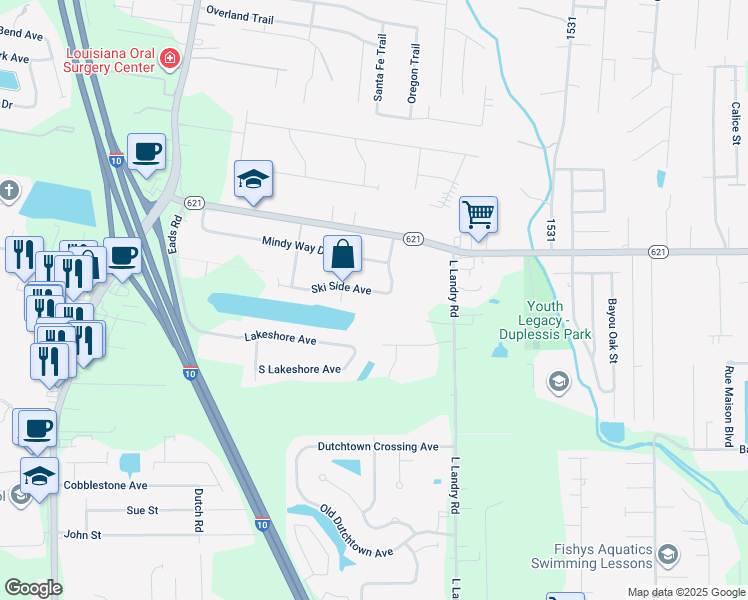 map of restaurants, bars, coffee shops, grocery stores, and more near 37381 Ski Side Avenue in Prairieville