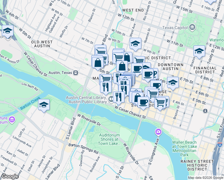 map of restaurants, bars, coffee shops, grocery stores, and more near 100 West Avenue in Austin
