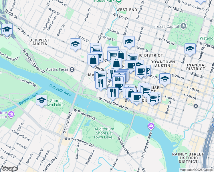map of restaurants, bars, coffee shops, grocery stores, and more near 100 West Avenue in Austin
