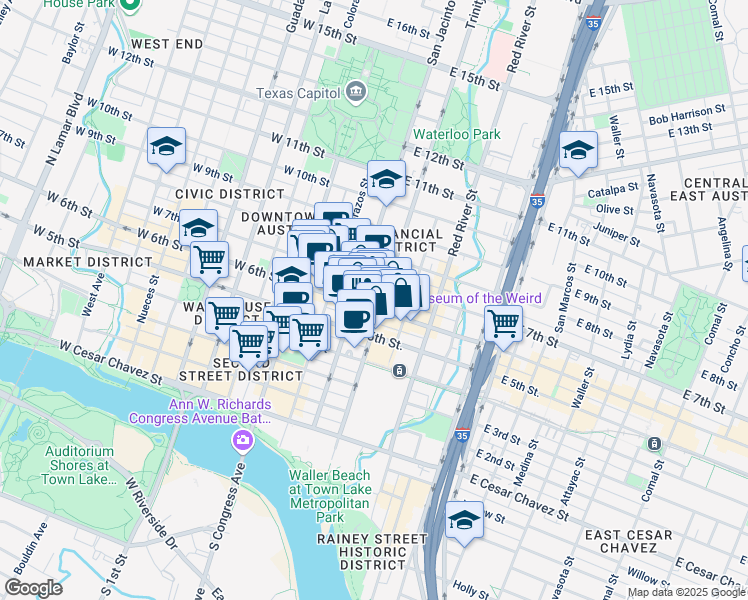 map of restaurants, bars, coffee shops, grocery stores, and more near 318 East 6th Street in Austin