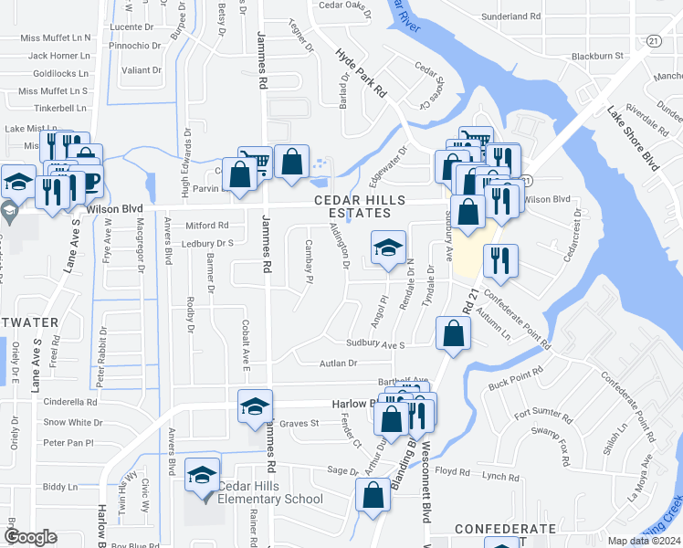 map of restaurants, bars, coffee shops, grocery stores, and more near 3834 Aldington Drive in Jacksonville