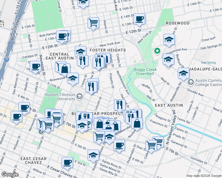 map of restaurants, bars, coffee shops, grocery stores, and more near 2014 Hamilton Avenue in Austin