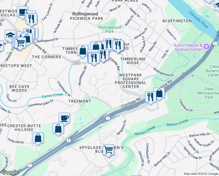 map of restaurants, bars, coffee shops, grocery stores, and more near 1034 Liberty Park Drive in Austin
