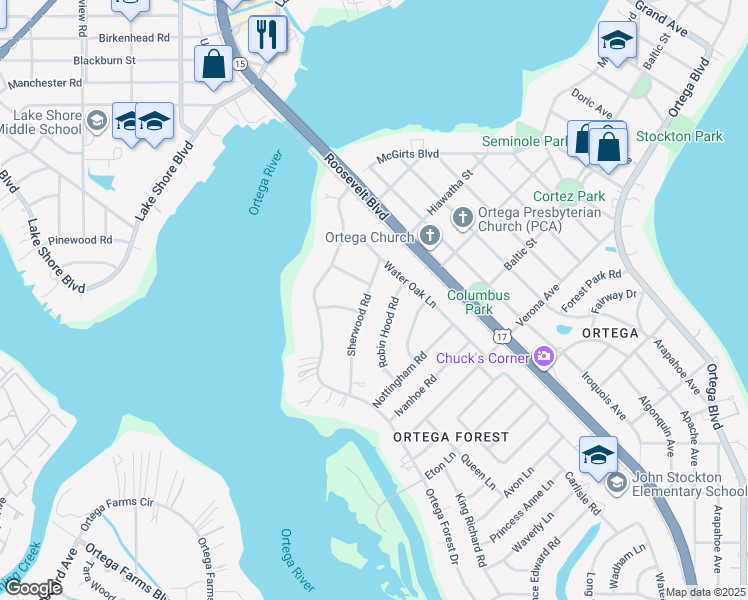 map of restaurants, bars, coffee shops, grocery stores, and more near 4247 Sherwood Road in Jacksonville
