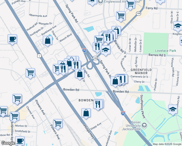 map of restaurants, bars, coffee shops, grocery stores, and more near 5649 Cagle Road in Jacksonville