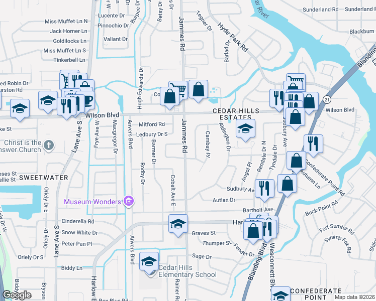 map of restaurants, bars, coffee shops, grocery stores, and more near 3838 Colebrooke Drive in Jacksonville