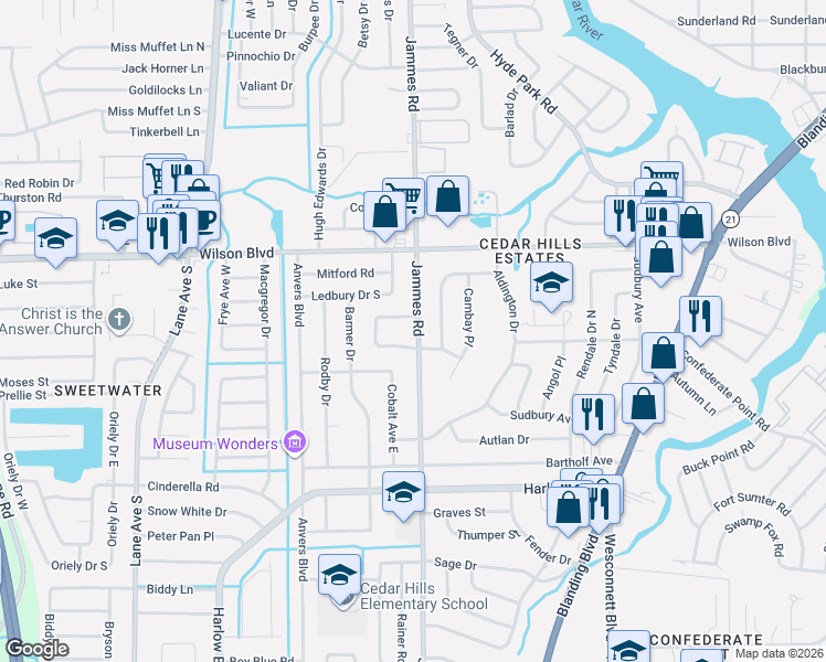 map of restaurants, bars, coffee shops, grocery stores, and more near 3838 Colebrooke Drive in Jacksonville