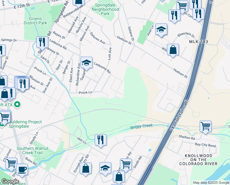 map of restaurants, bars, coffee shops, grocery stores, and more near 5707 Tura Lane in Austin