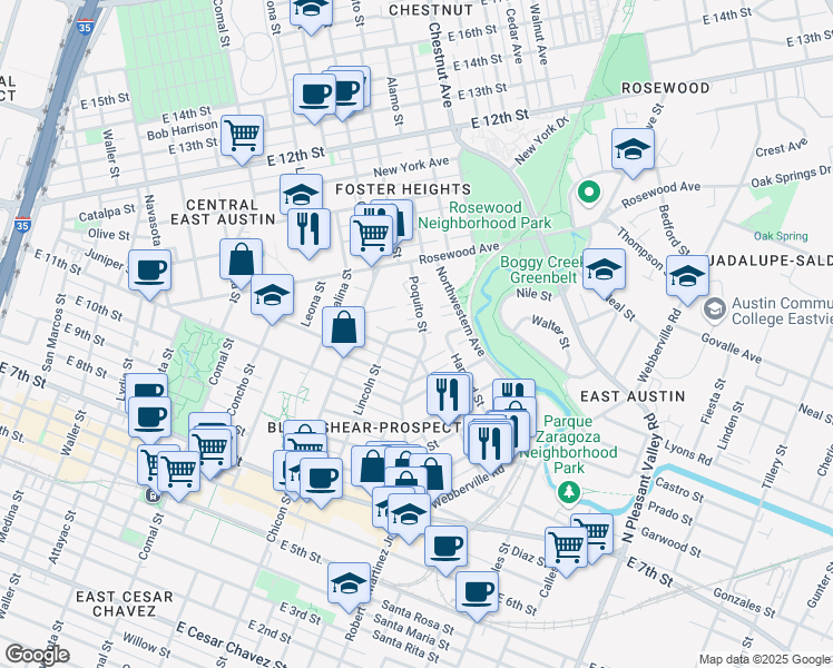 map of restaurants, bars, coffee shops, grocery stores, and more near 2014 Hamilton Avenue in Austin