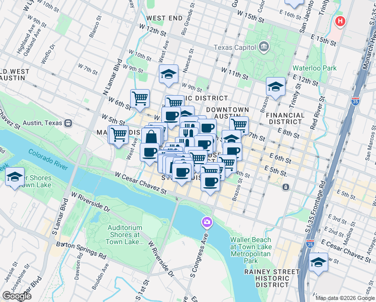 map of restaurants, bars, coffee shops, grocery stores, and more near in Austin