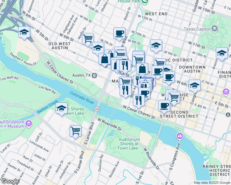 map of restaurants, bars, coffee shops, grocery stores, and more near 812 Electric Drive in Austin