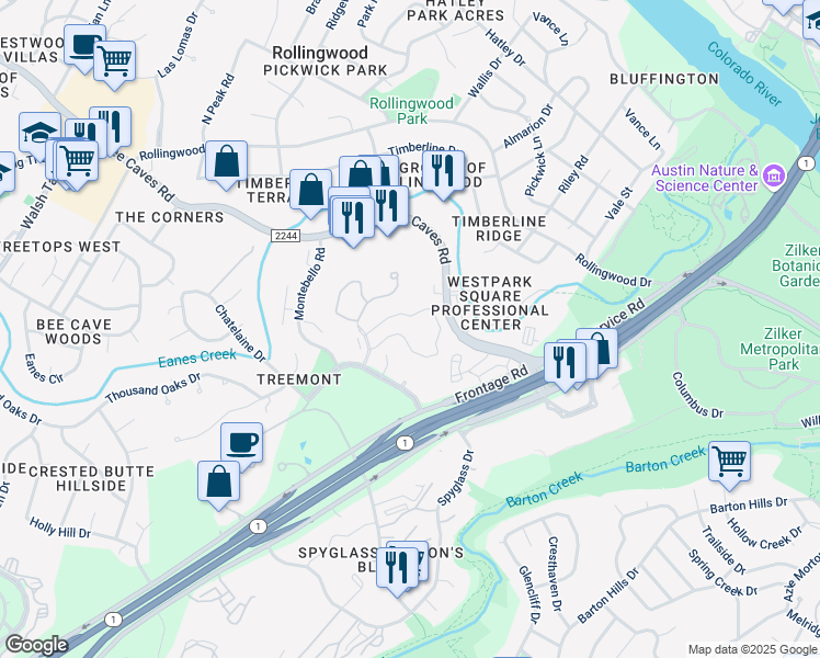 map of restaurants, bars, coffee shops, grocery stores, and more near 1001 Land Creek Cove in Austin