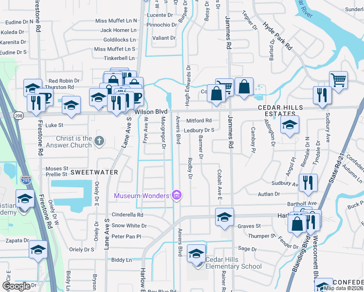 map of restaurants, bars, coffee shops, grocery stores, and more near 3739 Anvers Boulevard in Jacksonville