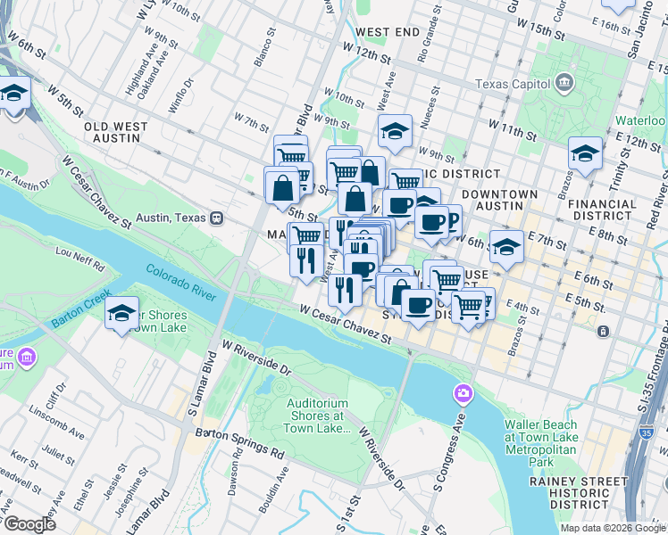 map of restaurants, bars, coffee shops, grocery stores, and more near 301 West Avenue in Austin