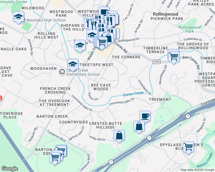 map of restaurants, bars, coffee shops, grocery stores, and more near 1310 Wilderness Drive in Austin