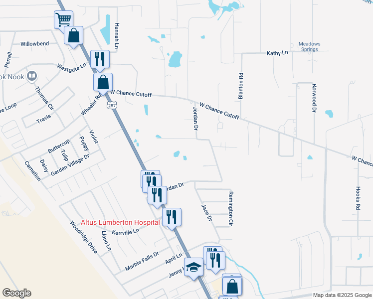 map of restaurants, bars, coffee shops, grocery stores, and more near 135 Linwood Lane in Lumberton