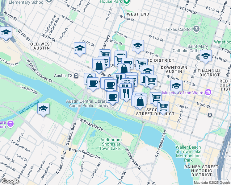 map of restaurants, bars, coffee shops, grocery stores, and more near 3825 Lake Austin Boulevard in Austin