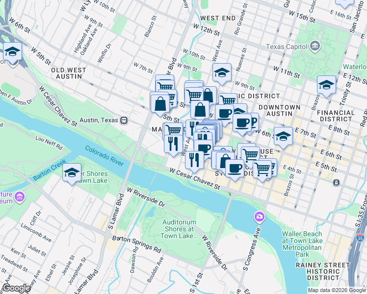 map of restaurants, bars, coffee shops, grocery stores, and more near 100 West Avenue in Austin