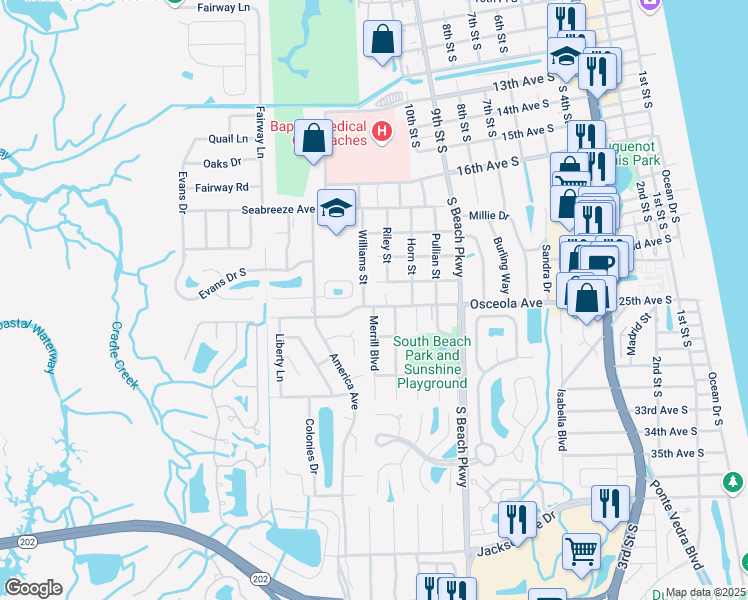 map of restaurants, bars, coffee shops, grocery stores, and more near 1300 Osceola Avenue in Jacksonville Beach