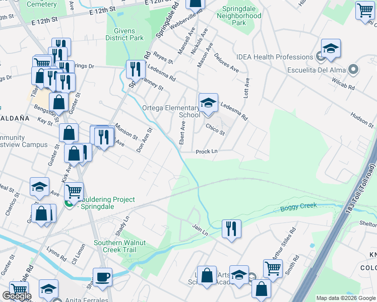 map of restaurants, bars, coffee shops, grocery stores, and more near 5201 Prock Lane in Austin