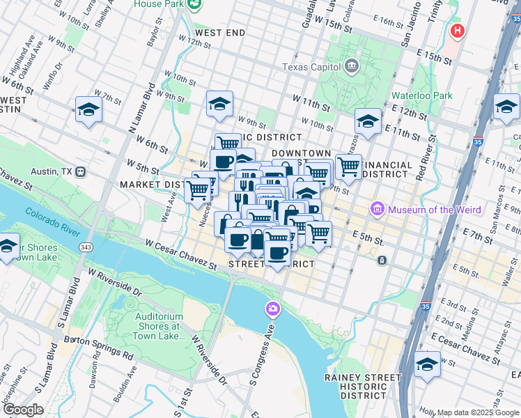 map of restaurants, bars, coffee shops, grocery stores, and more near in Austin