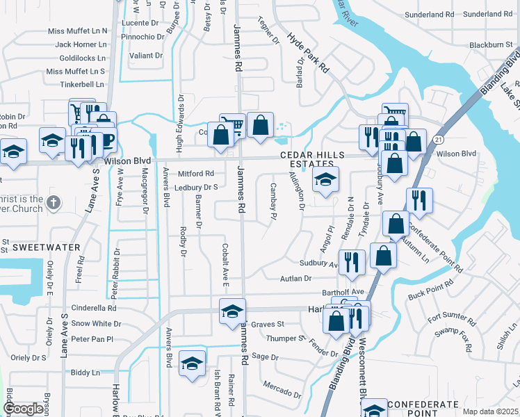 map of restaurants, bars, coffee shops, grocery stores, and more near 3838 Colebrooke Drive in Jacksonville