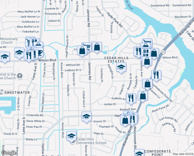 map of restaurants, bars, coffee shops, grocery stores, and more near 3838 Colebrooke Drive in Jacksonville
