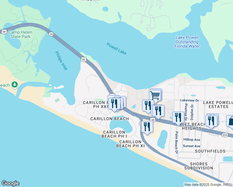 map of restaurants, bars, coffee shops, grocery stores, and more near 95 Cain Road in Panama City Beach