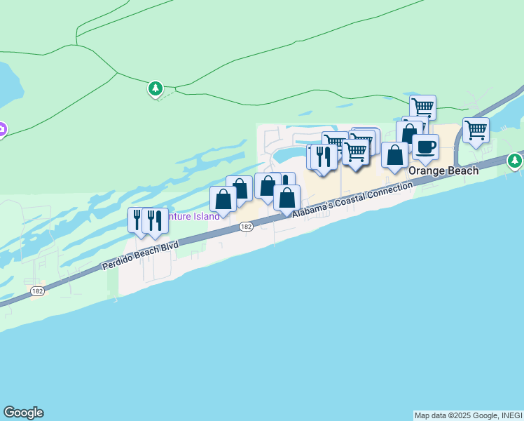 map of restaurants, bars, coffee shops, grocery stores, and more near 25020 Perdido Beach Boulevard in Orange Beach