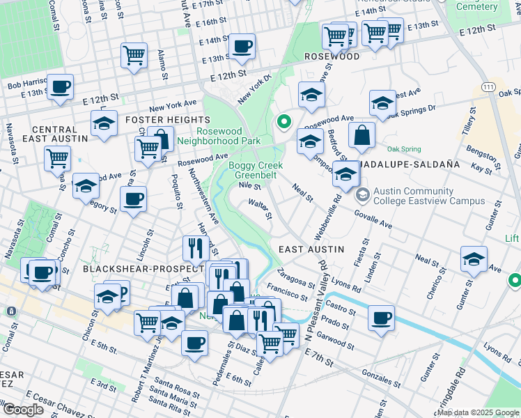 map of restaurants, bars, coffee shops, grocery stores, and more near 909 Walter Street in Austin