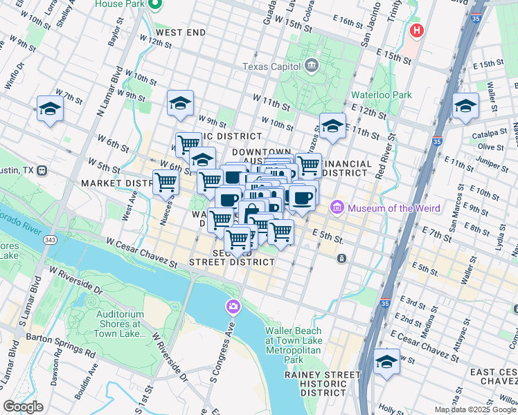 map of restaurants, bars, coffee shops, grocery stores, and more near in Austin