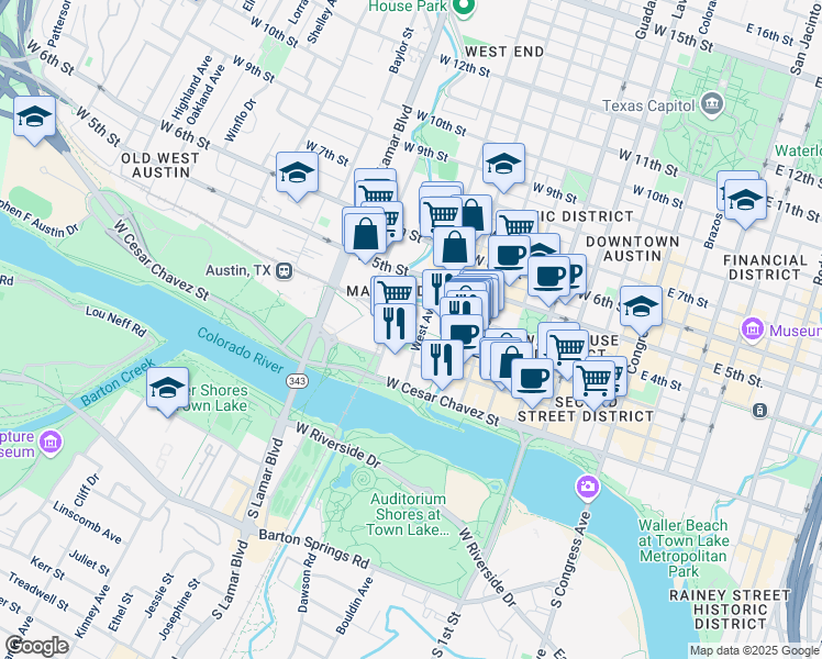 map of restaurants, bars, coffee shops, grocery stores, and more near 100 West Avenue in Austin