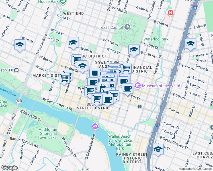 map of restaurants, bars, coffee shops, grocery stores, and more near 506 Congress Avenue in Austin
