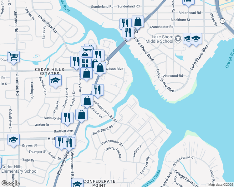map of restaurants, bars, coffee shops, grocery stores, and more near 3819 Cedar Forest Drive East in Jacksonville