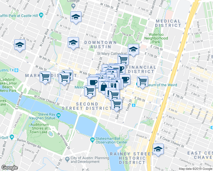 map of restaurants, bars, coffee shops, grocery stores, and more near 506 Congress Avenue in Austin