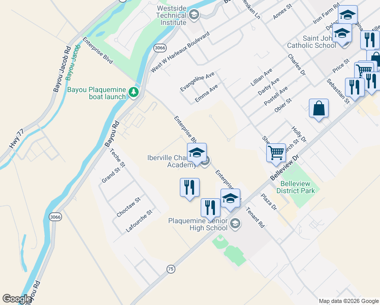 map of restaurants, bars, coffee shops, grocery stores, and more near 59620 Myrtle Grove Road in Plaquemine