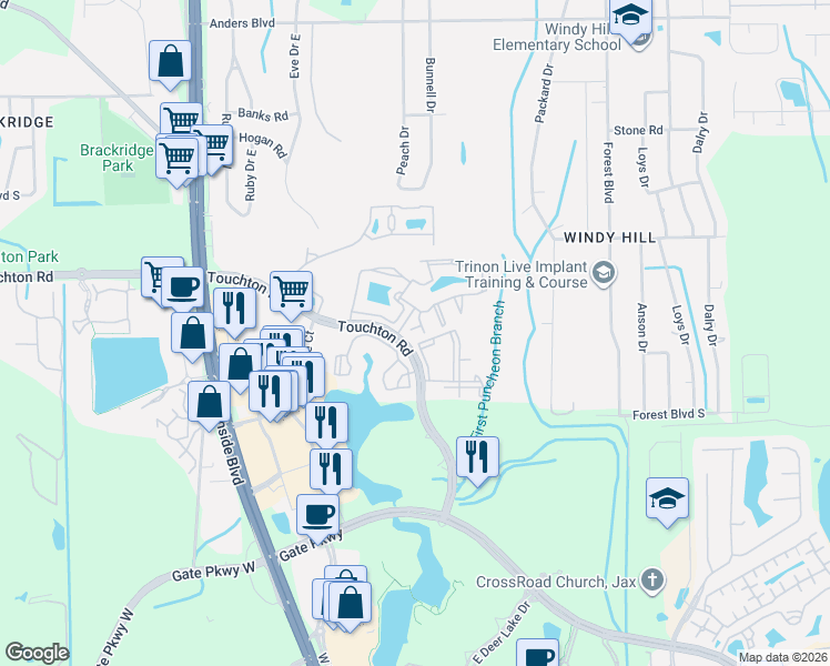 map of restaurants, bars, coffee shops, grocery stores, and more near 9745 Touchton Road in Jacksonville