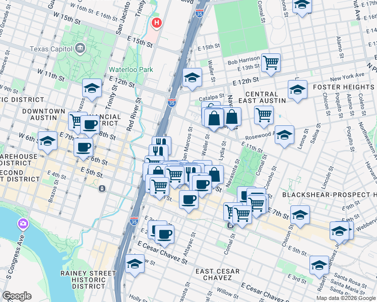 map of restaurants, bars, coffee shops, grocery stores, and more near 1000 East 8th Street in Austin