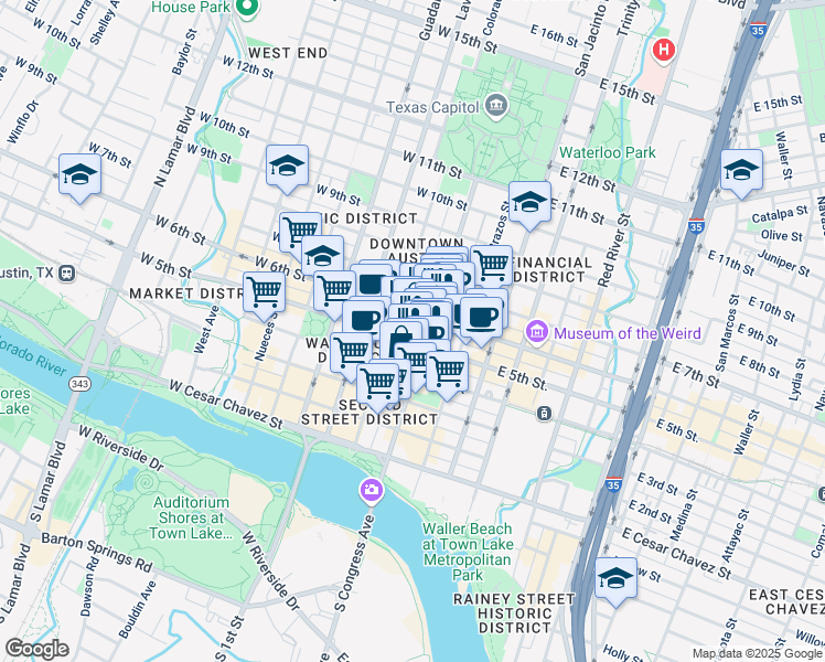 map of restaurants, bars, coffee shops, grocery stores, and more near 506 Congress Avenue in Austin