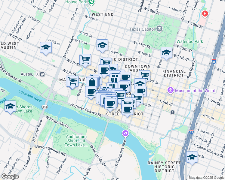 map of restaurants, bars, coffee shops, grocery stores, and more near 422 Guadalupe Street in Austin